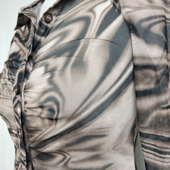 Miss Lola Dress Women Small Brown Retro Mesh Long Sleeve Button Up Casual Mini - Picture 10 of 15